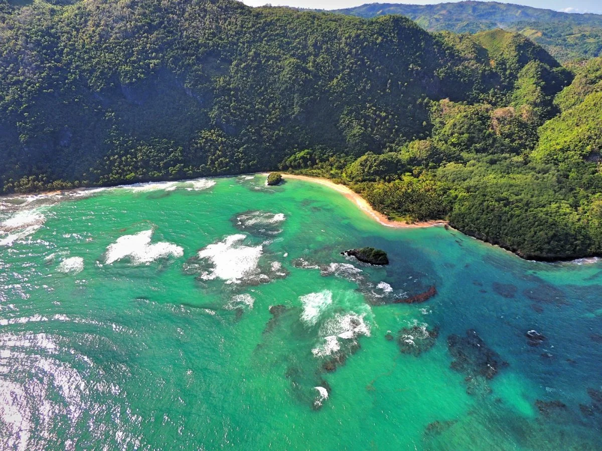 Coastal aerial view Las Terrenas rocky cliffs Caribbean